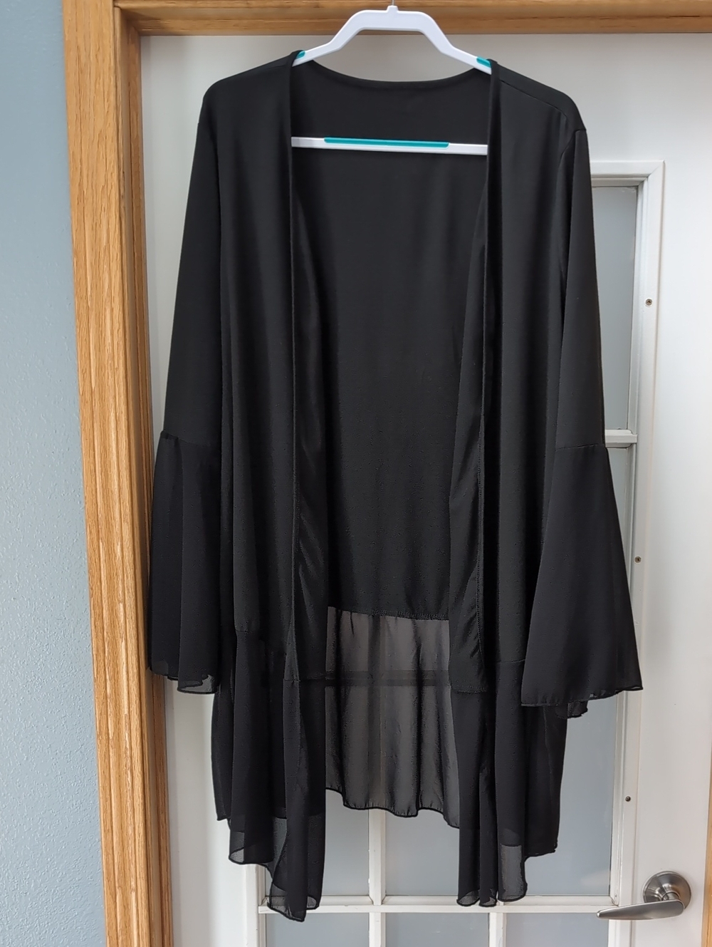 Black Sheer Open-Front Cardigan with Bell Sleeves